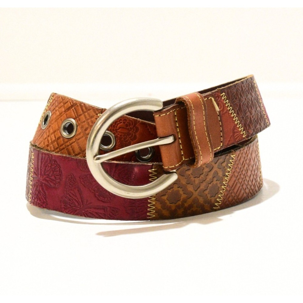 Fossil Boho Waist Belt Womens Size L Tooled Leather Patchwork Silver Buckle